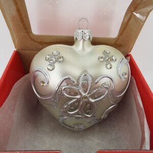Vintage Poland Mouth Blown Hand Painted Silver Heart Ornament with Original Box